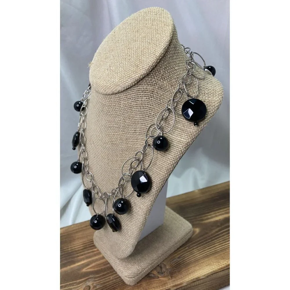 White House Black Market Oval & Resin Circles Chain Necklace Silver 20” Adj